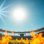 A bright sun blazing over a large sports stadium, with vivid heatwaves rising from the ground, a thermometer displaying dangerously high temperatures in the foreground, crowds of fans looking concerned, with palm trees