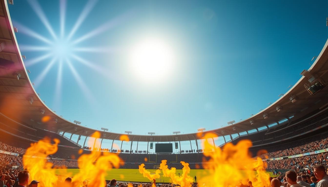 A bright sun blazing over a large sports stadium, with vivid heatwaves rising from the ground, a thermometer displaying dangerously high temperatures in the foreground, crowds of fans looking concerned, with palm trees