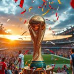 A vibrant stadium filled with cheering fans, colorful flags waving, players in action wearing diverse team jerseys, a close-up of a gleaming FIFA World Cup trophy surrounded by confetti, and a dramatic sunset in the background