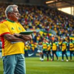 A confident football coach in a vibrant Ghanaian soccer jersey, standing on a lush green pitch. The background features a stadium filled with enthusiastic fans waving the Ghanaian flag. The coach, an older man with gray hair,