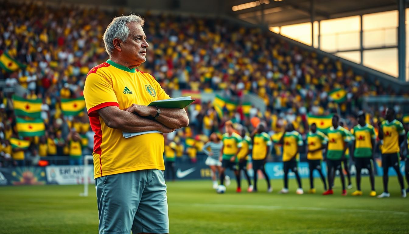 A confident football coach in a vibrant Ghanaian soccer jersey, standing on a lush green pitch. The background features a stadium filled with enthusiastic fans waving the Ghanaian flag. The coach, an older man with gray hair,