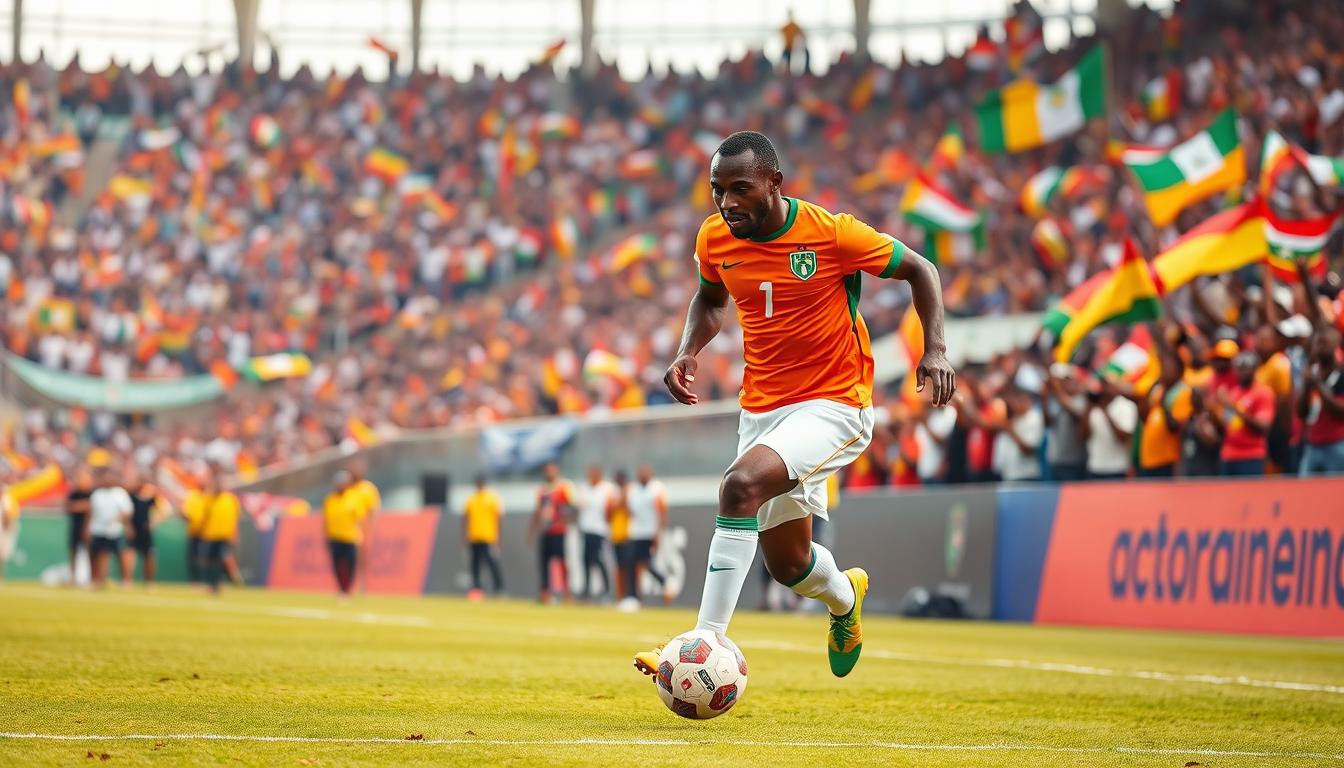 A dynamic scene of an Ivory Coast football player in action, wearing an orange and green jersey, dribbling a ball on a vibrant pitch, with the stadium packed with enthusiastic fans in the background waving flags and banners,