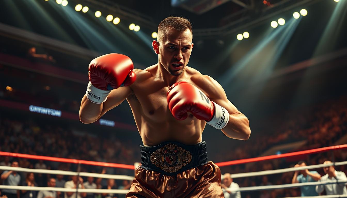 "An intense boxing scene featuring a determined athlete in a vibrant arena, showcasing powerful punches and dynamic movements, with a championship belt glistening in the spotlight, surrounded by excited fans and dramatic lighting."