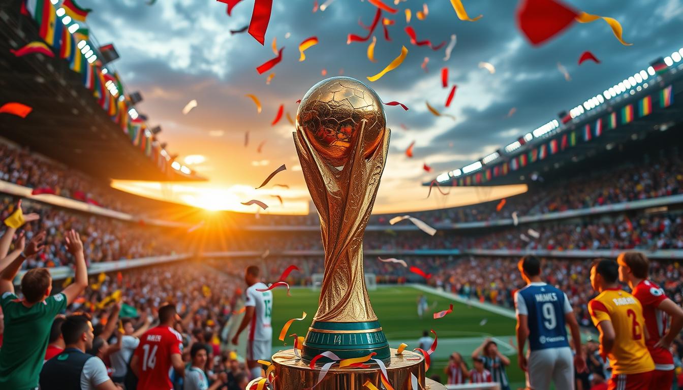 A vibrant stadium filled with cheering fans, colorful flags waving, players in action wearing diverse team jerseys, a close-up of a gleaming FIFA World Cup trophy surrounded by confetti, and a dramatic sunset in the background